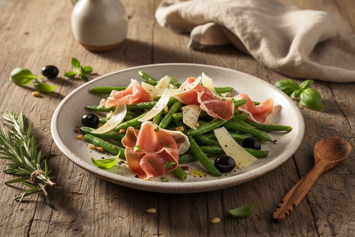 Tuoreet pavut valkosipulivoissa, parmesaanilastujen ja suolaisen parmankinkun kera – Italian yksinkertainen herkkuruoka parhaimmillaan.