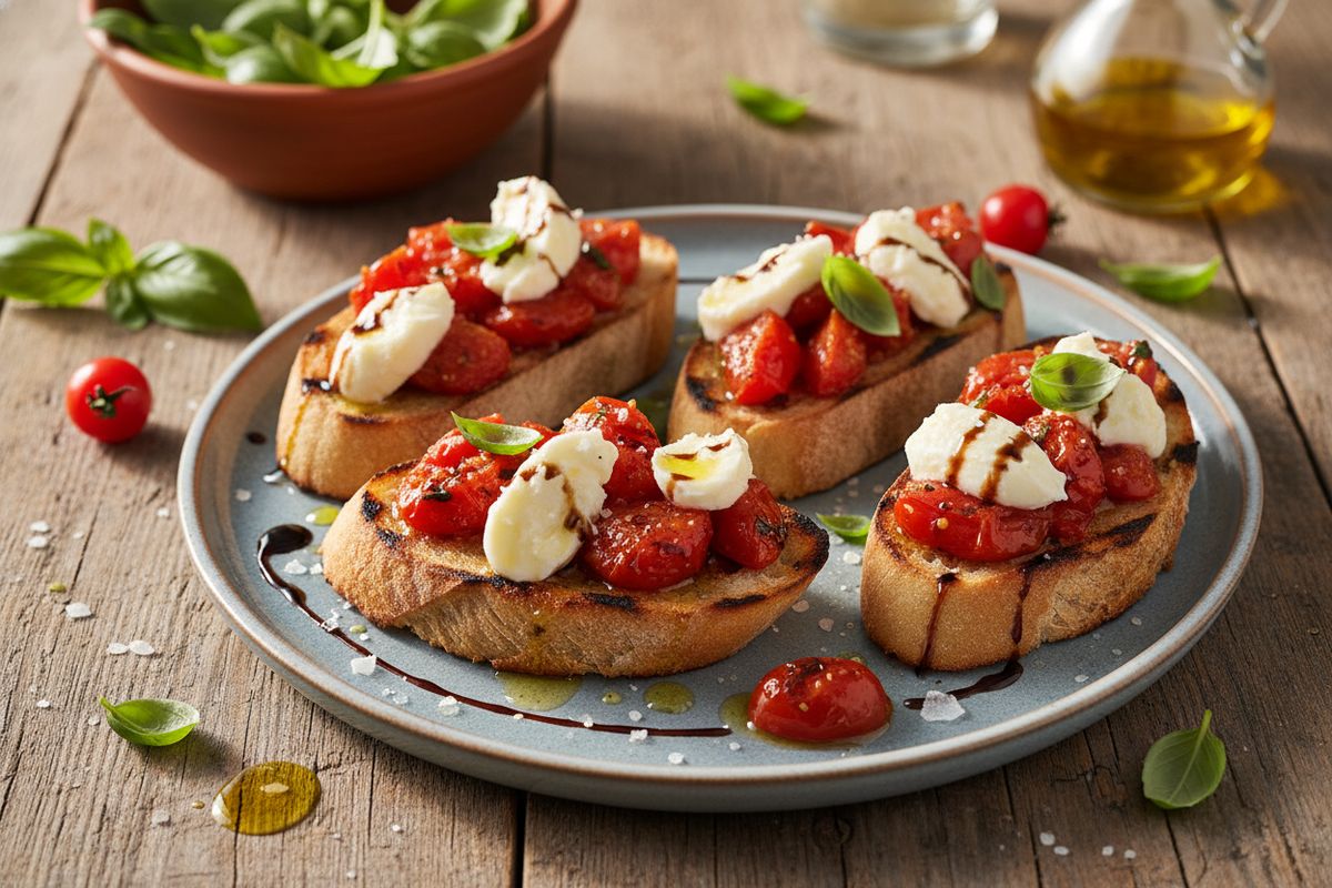 Savuiset grillitomatit, sulava bufala-mozzarella ja tuore basilika rapealla grillileivällä – italialainen bruschetta kesän parhaimmillaan.