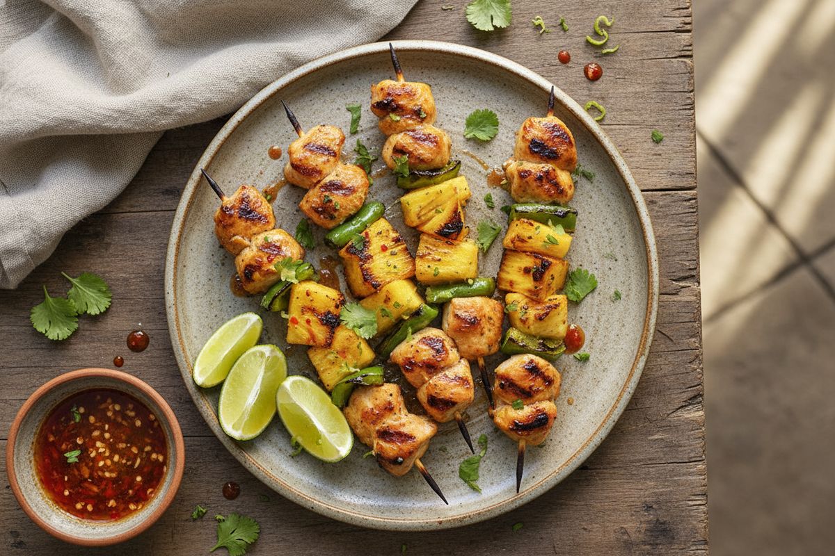 Lime-chilikastikkeessa marinoitu kana, mehukas ananas ja rapea paprika yhdistyvät näissä trooppisissa grillausvartaissa täydelliseksi makuelämykseksi.