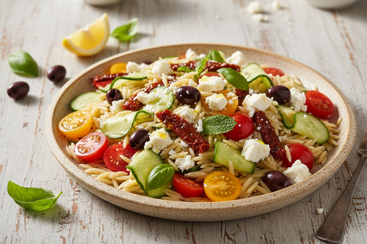 Aurinkoinen Välimeren orzo-pastasalaatti aurinkokuivattujen tomaattien, oliivien ja murennetun fetajuuston kera – raikas seikkailu lautasella.