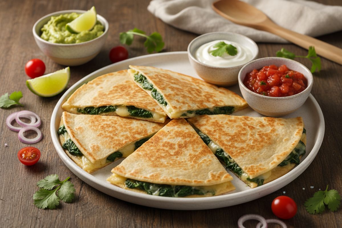 Kultaisen rapeita pinaattiquesadilloja sulavan juuston kera – nopea meksikalainen kasvisateria, joka tuo maailmankeittiön maut kotikeittiöön.