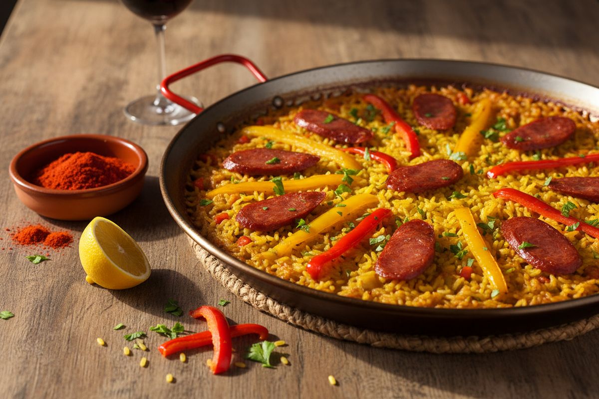 Espanjalainen chorizo-paella sahramin, paprikoiden ja savuisen chorizon kera – autenttinen maku suoraan Valenciasta kotikeittiöösi.