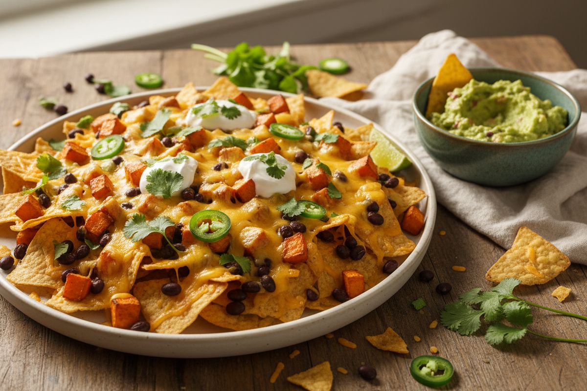 Bataatti-nachopelti on värikäs ja helppo meksikolaishenkinen uuniruoka, joka täyttyy savuisista mausteista, mustista pavuista ja sulavasta juustosta.