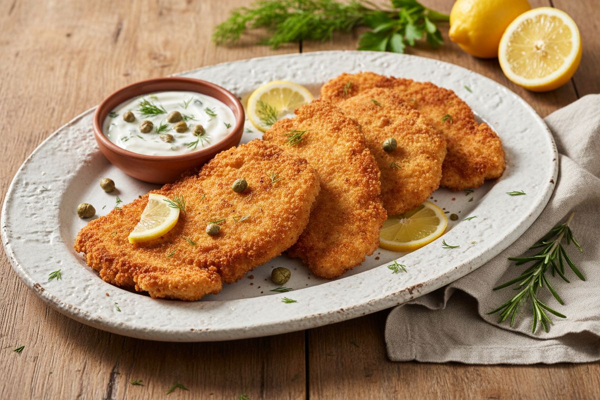 Rapea, kultaiseksi paistettu kana-schnitzel tarjottuna raikkaan sitruuna-jogurttikastikkeen ja suolaisten kapriksien kanssa – klassikko maailmanmakuisena.
