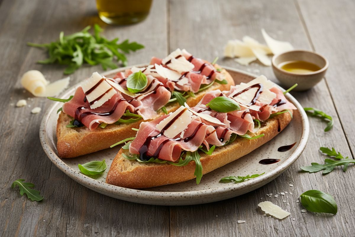 Rapeat italialaiset parmankinkkupatongit rucolalla, parmesanilla ja pestolla – helppo ja eksoottinen herkku juhliin tai illanistujaisiin.