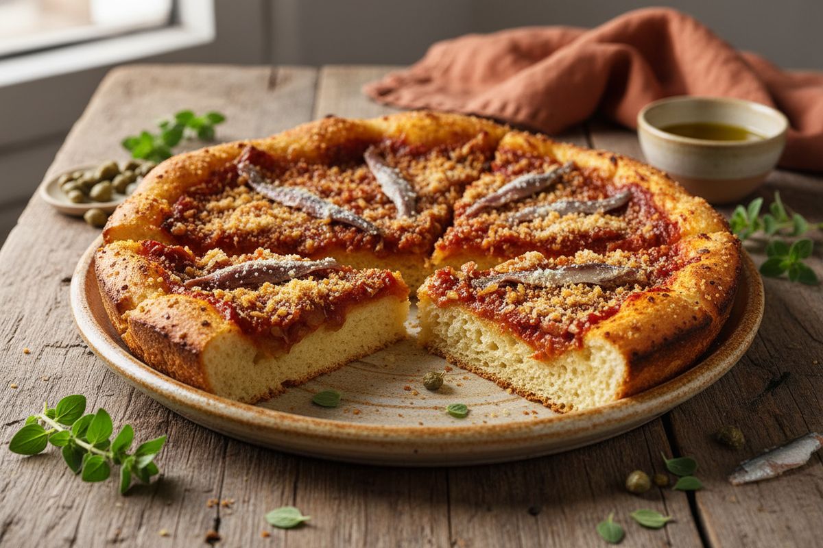 Paksu ja pehmeä sisilialainen sfincione-pizza valmistetaan ruhtinaallisella tomaatti-sipuliseos-täytteellä, anjoviksilevyillä ja paahtuneella parmesaani-korppujauhokatteella.