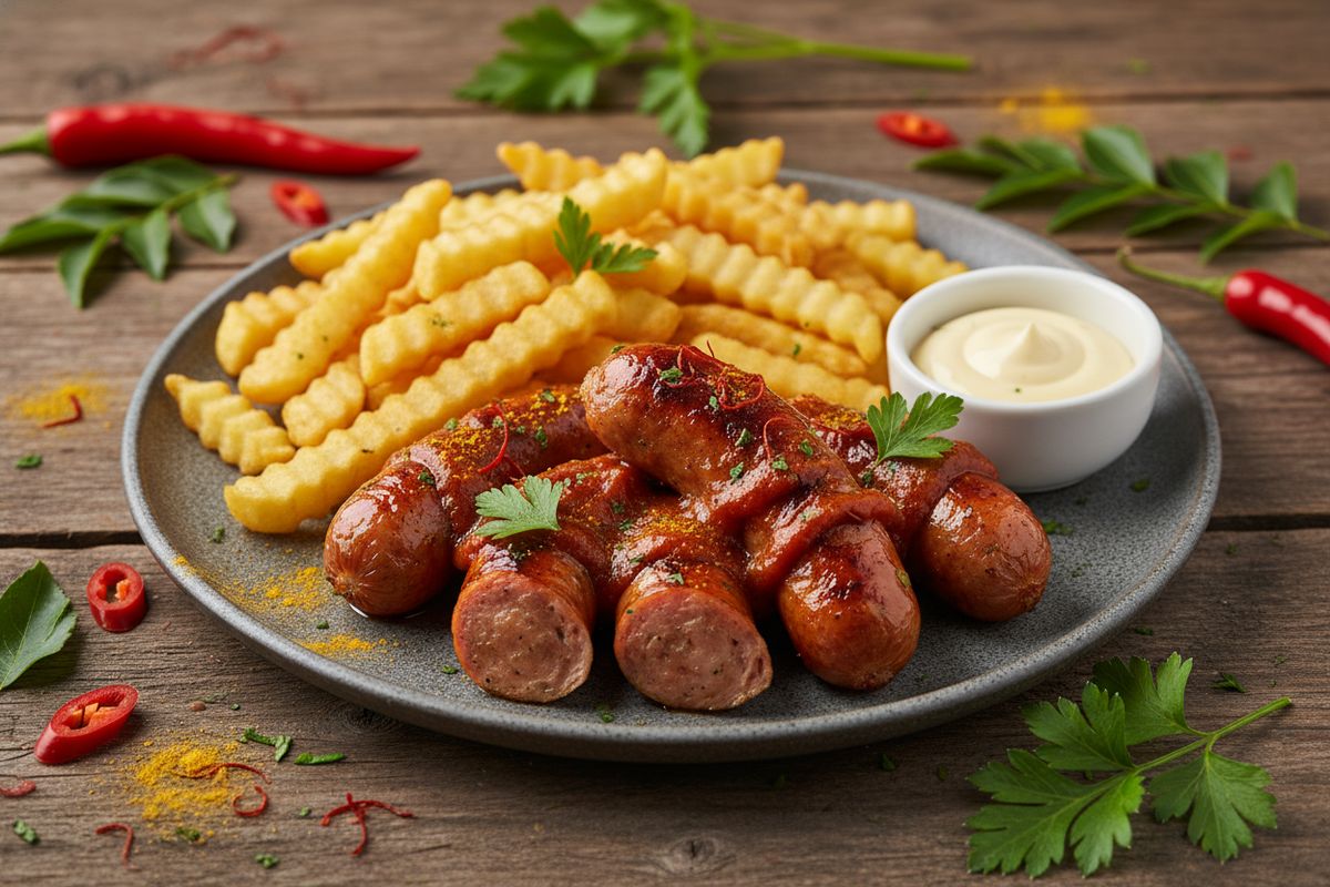 Saksalainen currywurst saa eksoottisen kierteen kimchi-chilikastikkeesta ja ponzu-majoneesista – katuruokaa parhaimmillaan.