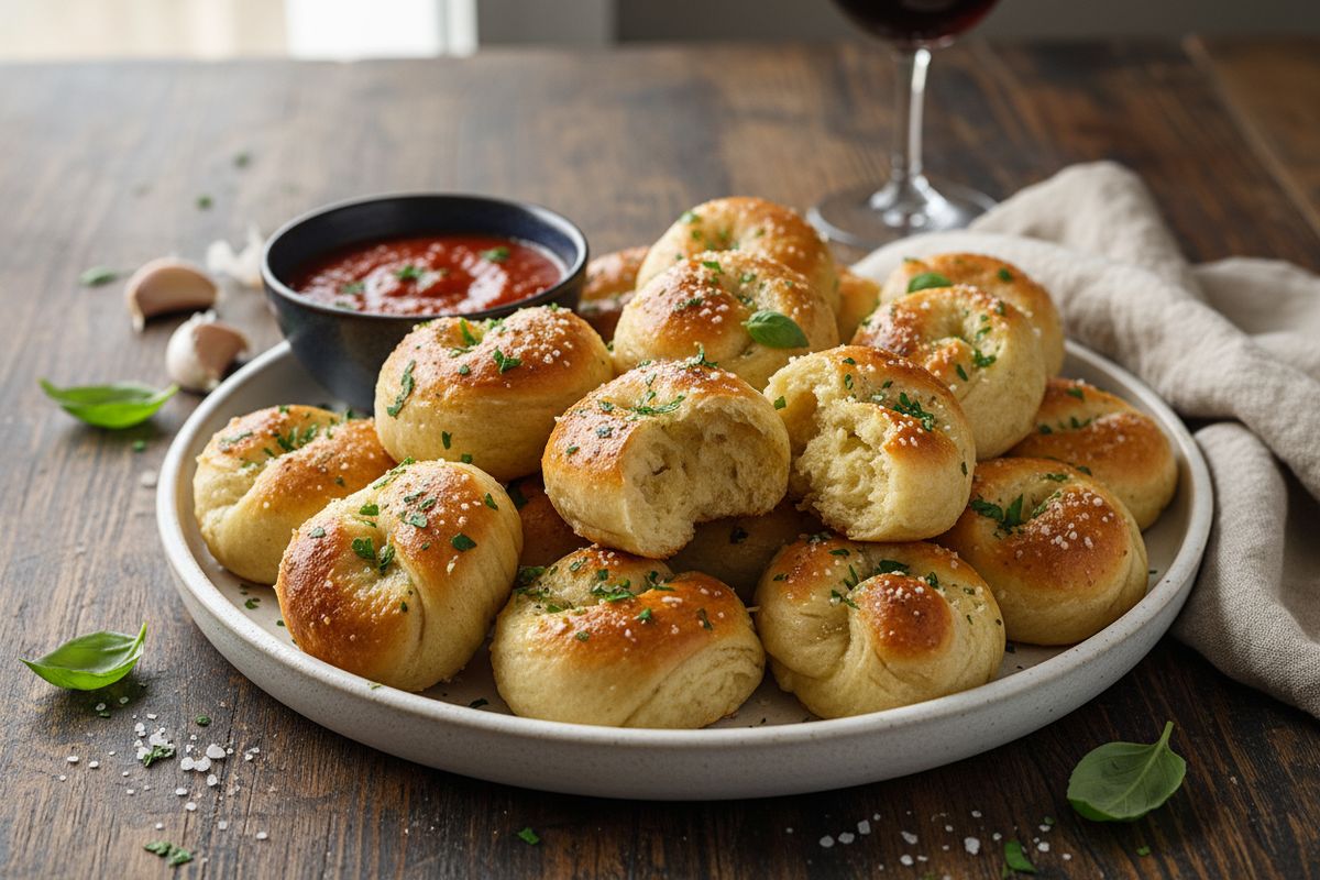 Pizzataikinasta solmitut valkosipulisolmut, jotka on kylvetty aromaattisessa valkosipulivoissa ja viimeistelty parmesanilla – suora makumatka New Yorkin katukeittiöön.