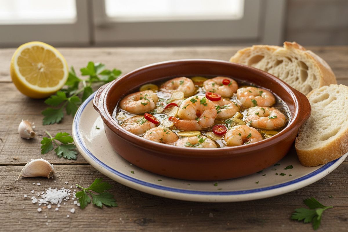 Espanjalainen gambas al ajillo – tuliset valkosipulikatkaravut oliiviöljyssä, nopeasti ja helposti valmistettava tapas-klassikko kotikeittiöstäsi.