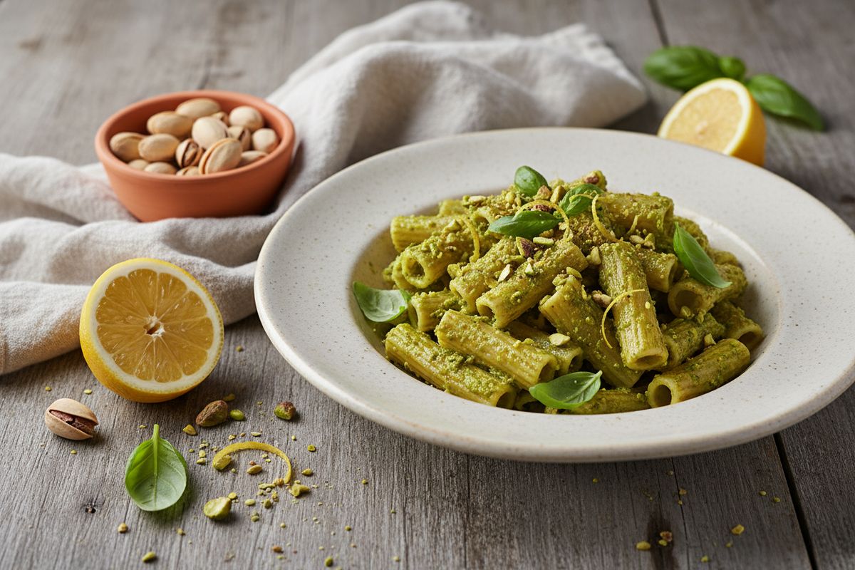 Silkinsileä pistaasipesto ja al dente -pasta yhdistyvät tässä nopeassa, vegaanisessa arkiruoassa, joka kuljettaa makumatkalle Sisiliaan.