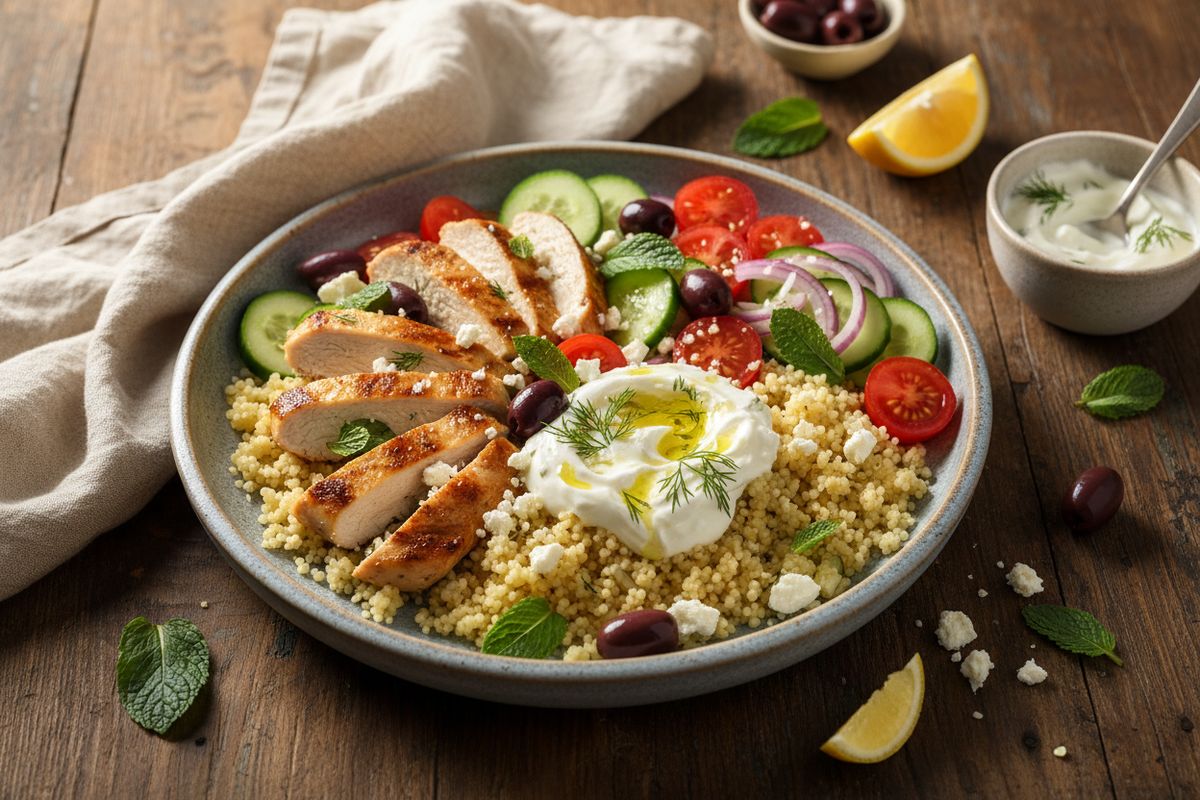 Kreikkalainen kanakulho on aurinkoinen Välimeri-inspiroitu arkiruoka, jossa yhdistyvät marinoitu kana, tzatziki, feta ja raikkaita vihanneksia.