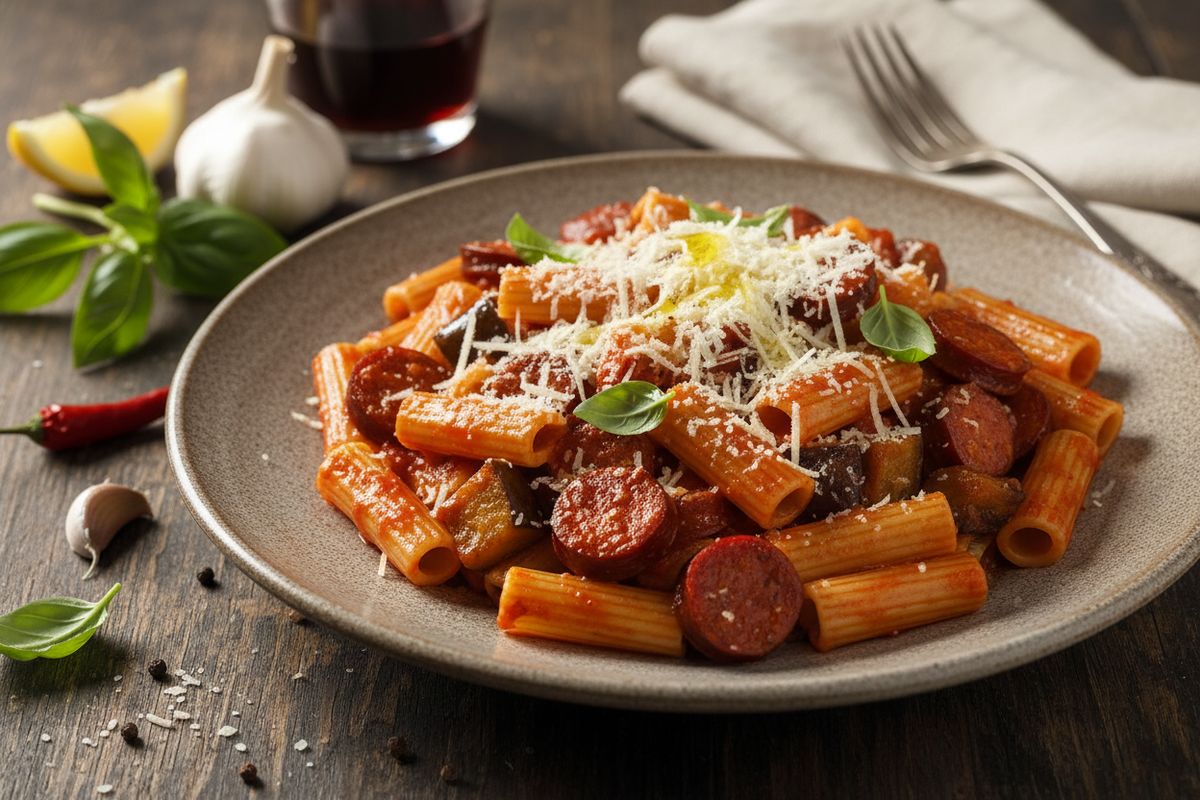 Savuisen chorizon, mehevän munakoison ja tulisen tomaattikastikkeen täydellinen liitto rigatoni-pastan kanssa – eksotiikkaa arjen pöytään.