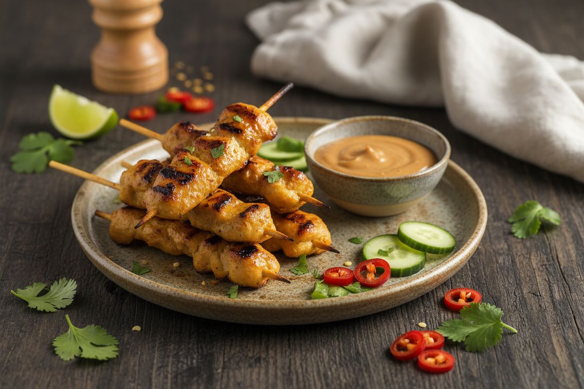 Autenttiset thaimaalaiset satay-vartaat marinoidaan aromaattisessa kookosmaito-sitronellamarinadissa ja tarjoillaan samettisen maapähkinäkastikkeen kanssa.