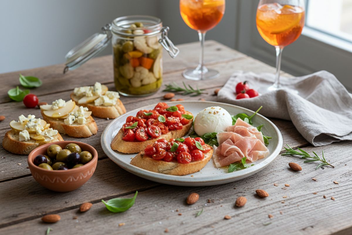 Aito italialainen aperitivo kotona – värikkäitä bruschettoja, oliiveja ja herkkuja tunnelmalliseen alkuhetkeen.