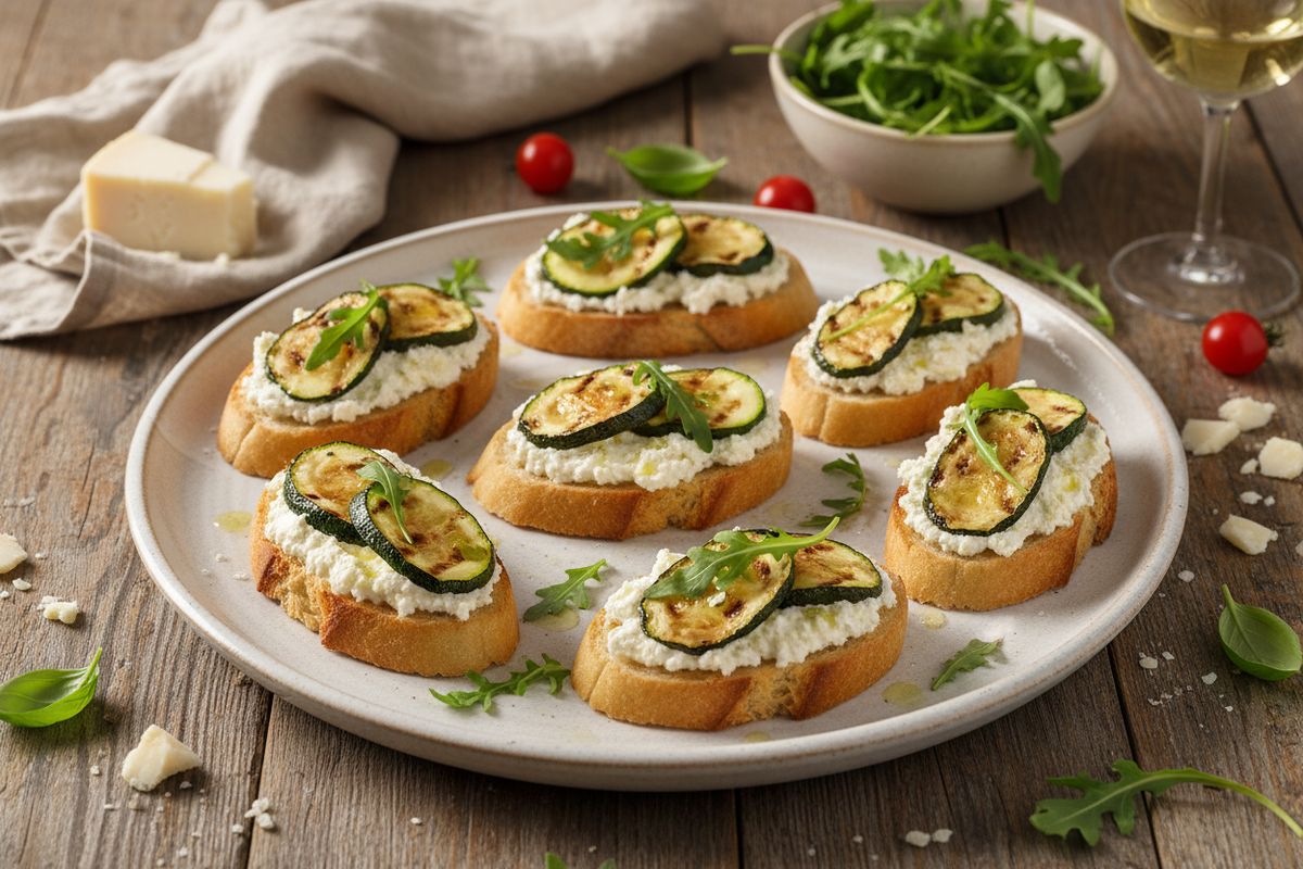 Rapeat ciabatta-crostinit grillatulla kesäkurpitsalla, pecorinokermatahnalla ja tuoreella rucolalla – nopea ja yksinkertainen italialainen antipasto.