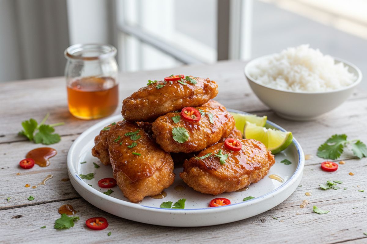 Kultaisen rapea ja tulisen makea hot honey chicken on helppo arkiresepti, joka vie makuhermot eksoottiselle matkalle amerikkalaisten ja aasialaisten makujen maailmaan.