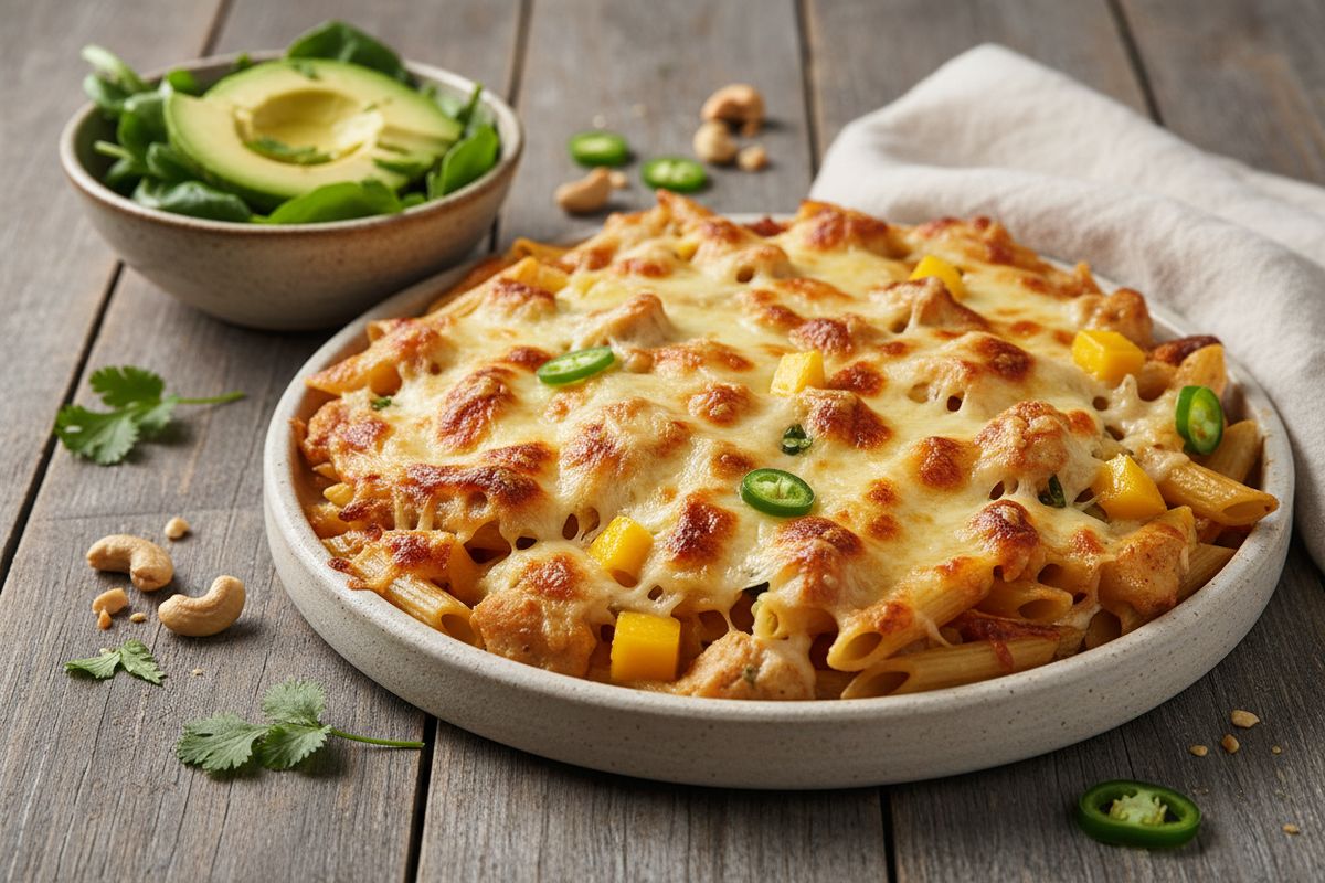 Uunissa paistettu tulinen broileri-pasta, jossa eksoottinen mango, jalapeño ja cashewpähkinät yhdistyvät sulavaksi juustokuorrutteiseksi kokonaisuudeksi.