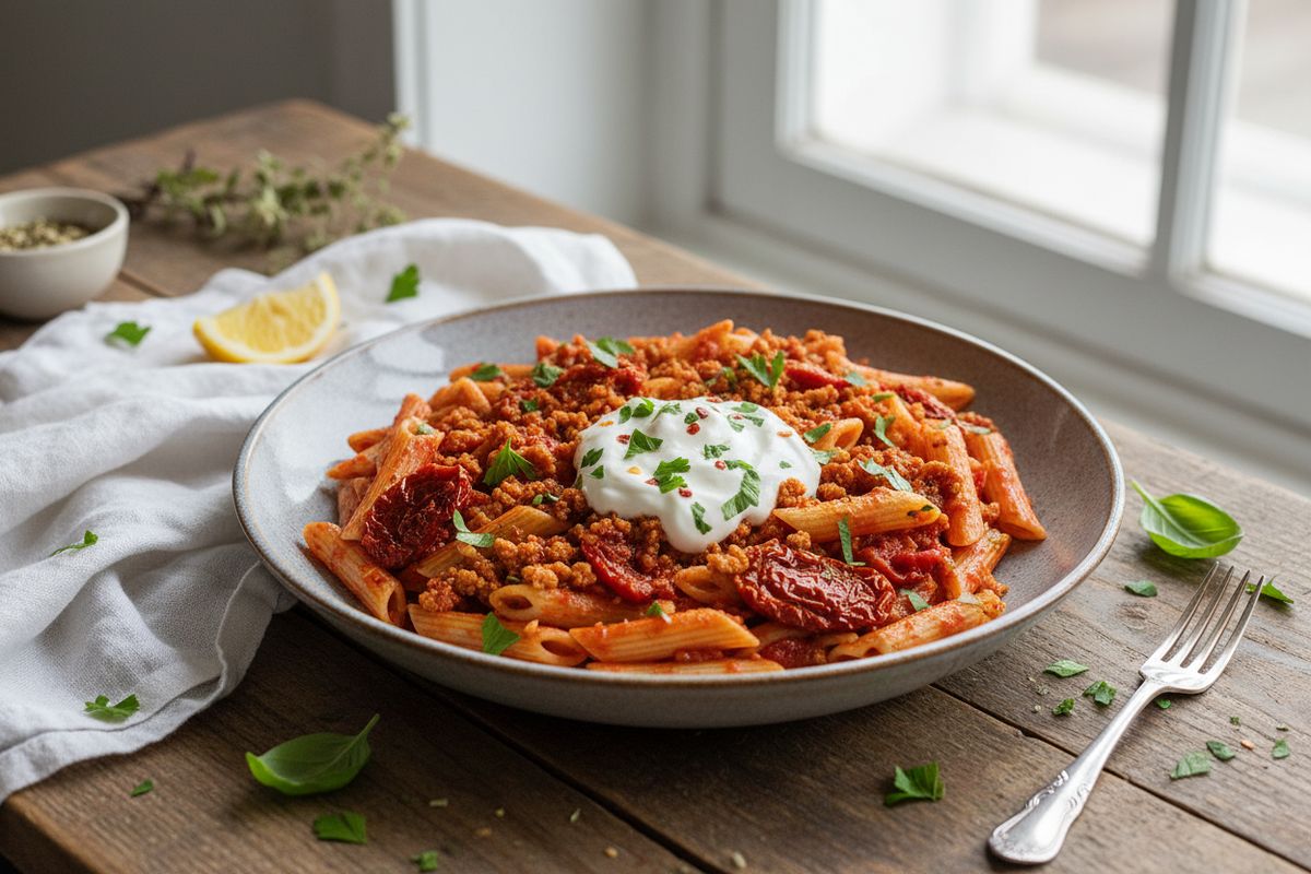 Aromaattinen turkkilaistyylinen vegepasta soijarouheesta, aurinkokuivatuista tomaateista ja currylla maustettu – kruunattuna pehmeällä valkosipulikastikkeella.