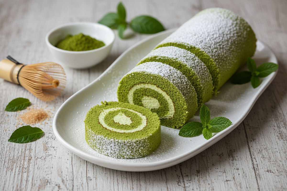 Pilvenpehmeä matcha-kääretorttu mascarpone-täytteellä – japanilaisen teekulttuuri kohtaa leivonnaistaiteen.