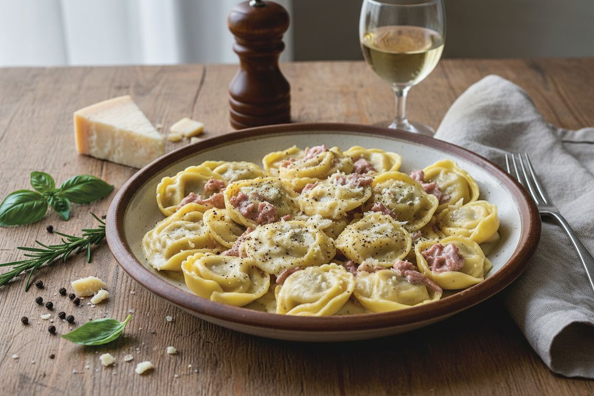 Rooman katujen henki lautasella – täyteläinen Tortellini Cacio e Pepe, jossa Pecorino Romano ja mustapippuri luovat unohtumattoman kastikkeen.