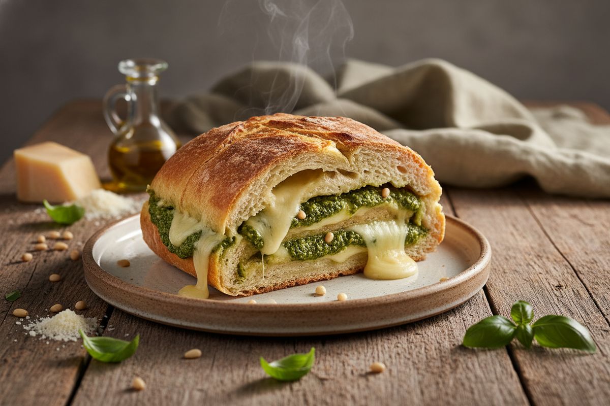 Pestolla ja juustolla täytetty uunileipä on nopea italialainen herkku, joka sopii aperitiiville tai välipalaksi milloin tahansa.