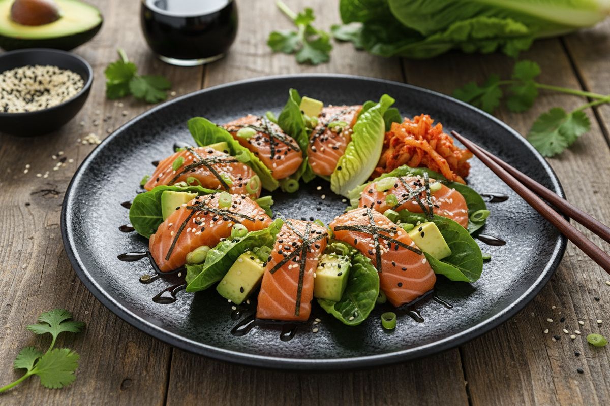 Tuoreesta lohesta, avokadosta ja kimchistä valmistuva japanilaistyylinen sashimi-salaatti, jossa maailman maut kohtaavat yhdellä lautasella.
