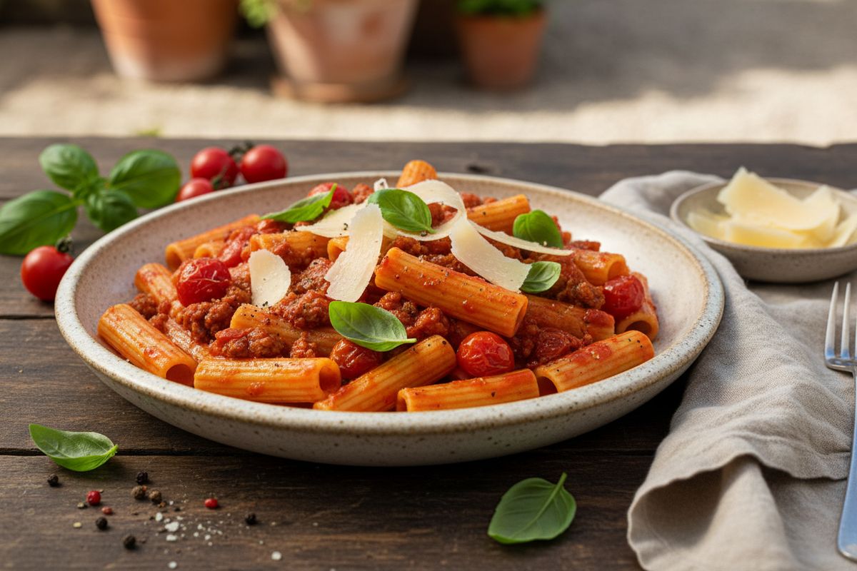 Autenttinen italialainen kesäpasta, jossa raakamakkara ja kirsikkatomaatit luovat yhteen mehevän kastikkeen – nopea arkiruoka täynnä Välimeren aurinkoa.