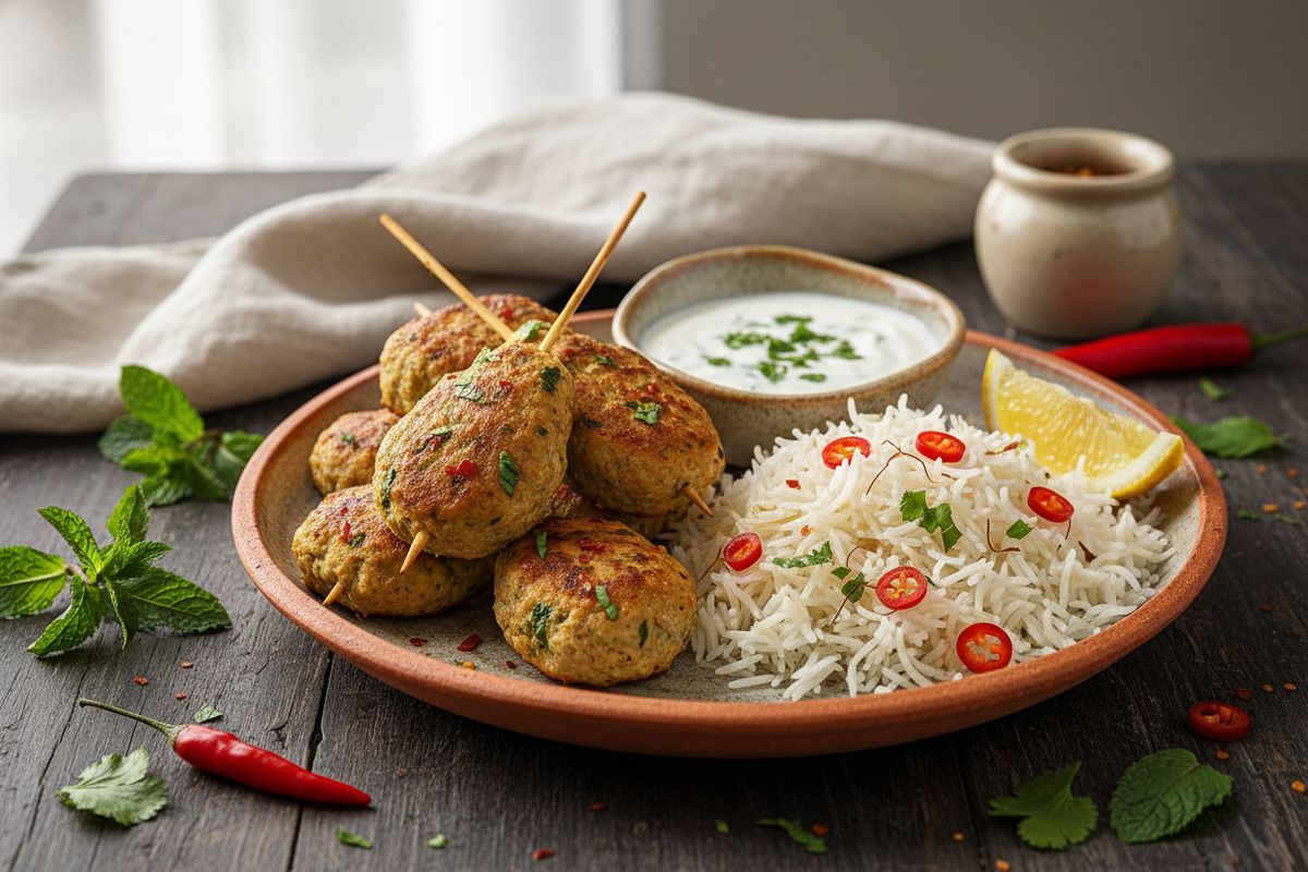 Mausteinen broileri kofta kebab garam masalalla ja tuoreella korianterilla, tarjoiltuna viileän jugurttikastikkeen kera.