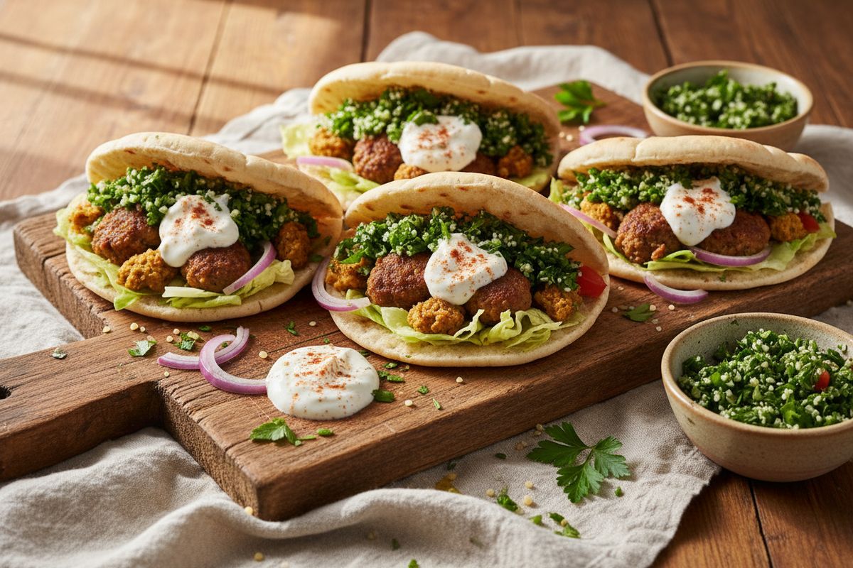 Aromaattiset shawarma-lihakiekot, raikas tabouleh ja kermainen valkosipulijogurtti yhdistyvät täydelliseksi välimerellistä makuseikkailua tarjoavaksi pitaleiväksi.