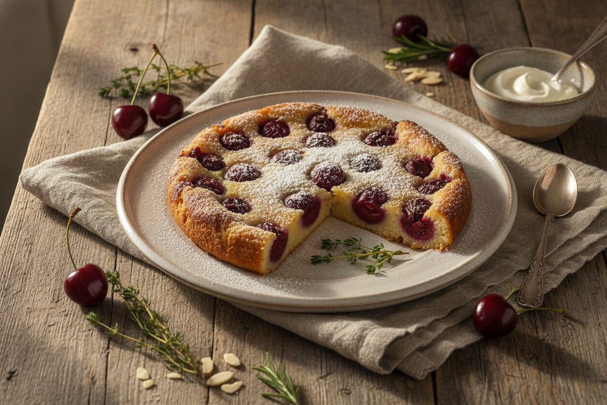 Kirsikka-clafoutis on Ranskan Limousinin alueen ikoninen jälkiruoka – silkkisen pehmeä pannukakkupohjainen leivonnainen, joka pursuaa mehukkaita kirsikoita.