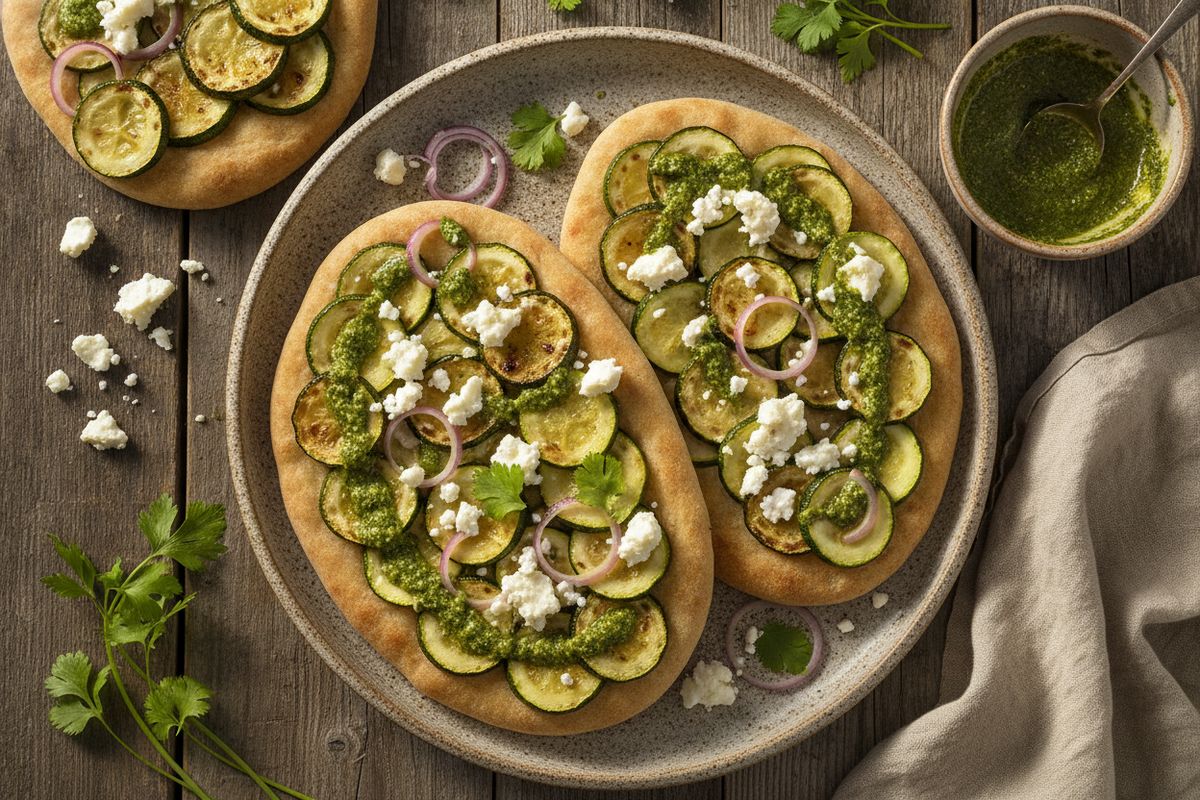 Rapea flatbread argentiinalaisella chimichurrilla, grillatulla kesäkurpitsalla ja suolaisella fetalla – eksoottinen kesäruoka valmiina hetkessä.