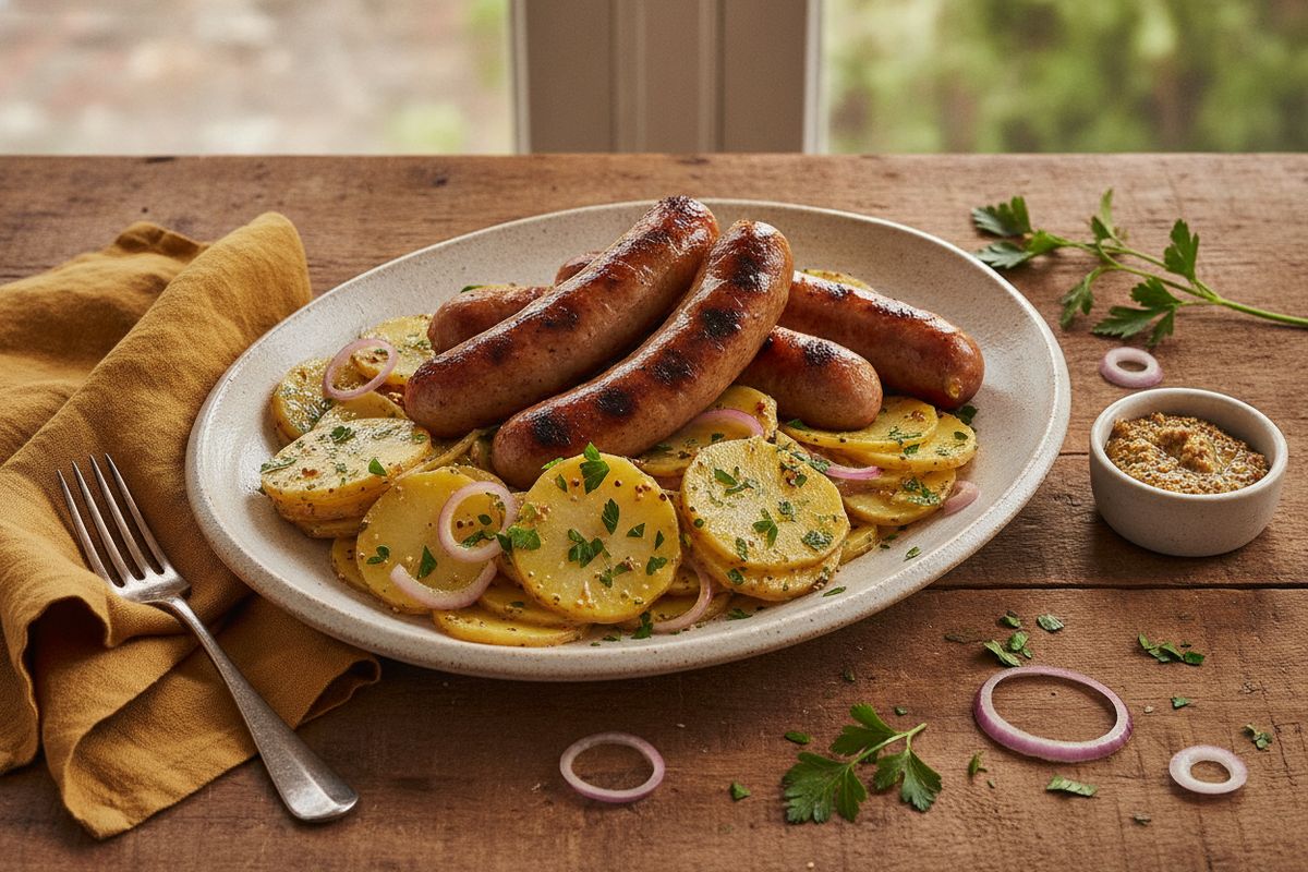 Kultaisen rapeiksi paistetut saksalaiset bratwurstit ja mausteinen lämmin perunasalaatti – helppo arkiruoka tai juhlava grillihetki.