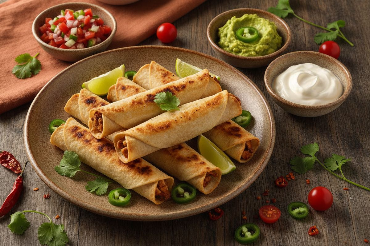 Rapeat grillatut kana-taquitot meksikolaisilla mausteilla – eksoottinen street food -herkku helposti kotona valmistettuna.