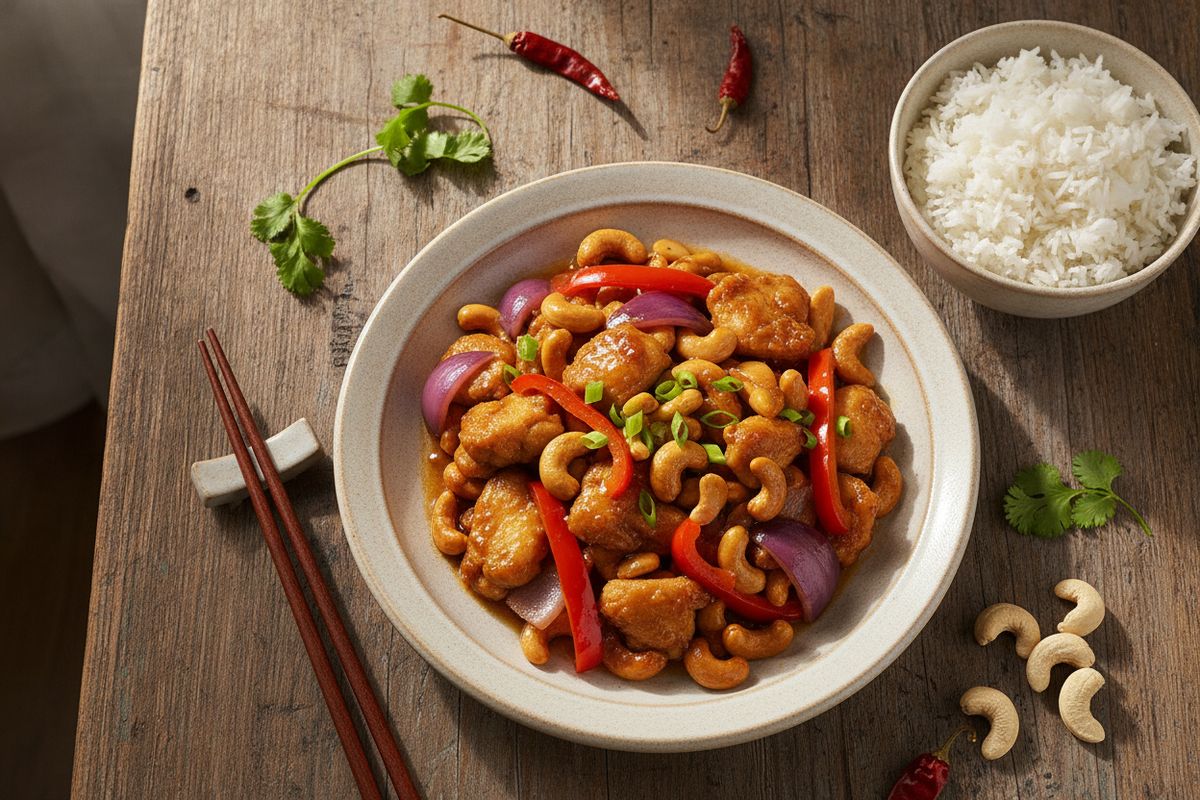 Cashew-kana on nopea ja maukas thaimaalainen wok-ruoka, jossa rapeita pähkinöitä, mehevää kanaa ja aromaattisia itäaasialaisia kastikkeita.