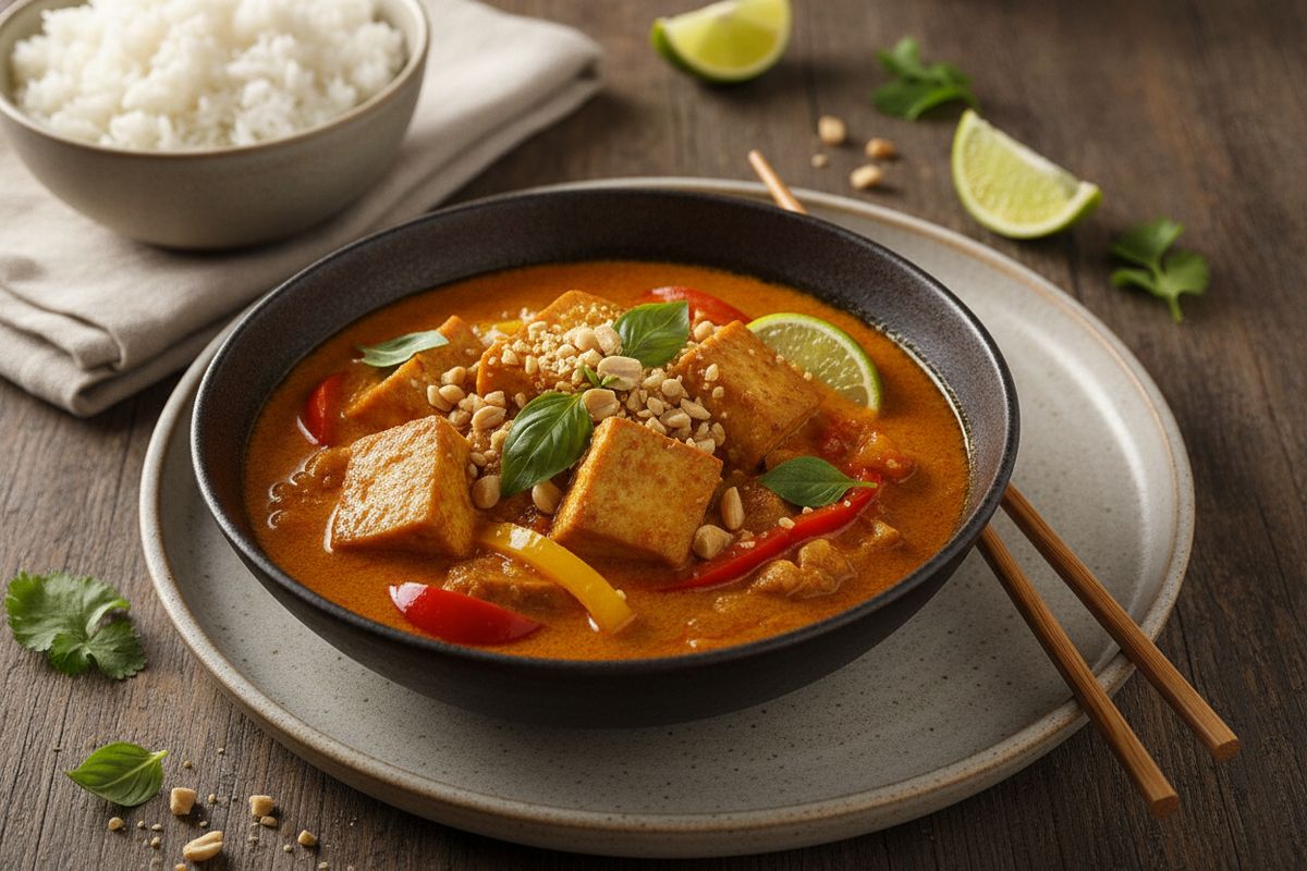 Kaakkois-Aasiasta inspiroitunut panang curry, jossa samettinen maapähkinäkastike kohtaa kultaisen paistetun tofun.