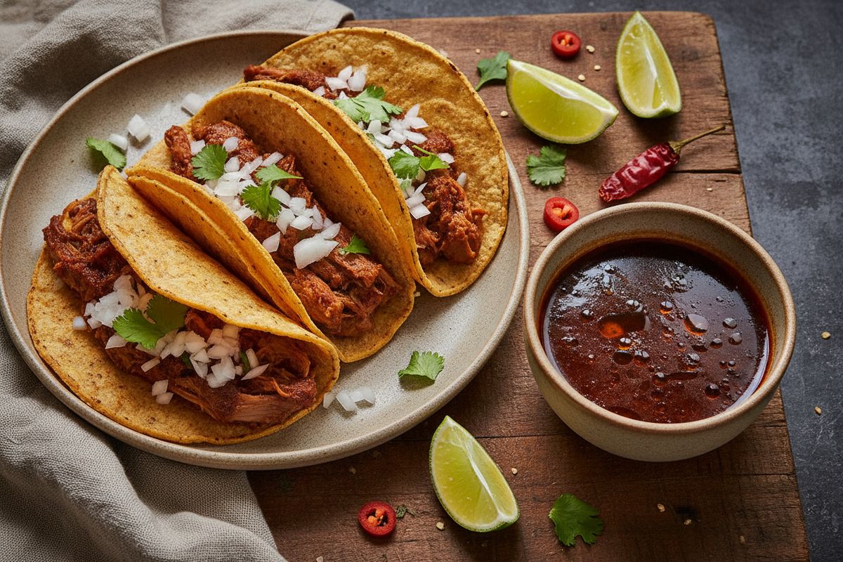 Hitaasti haudutettu possun birria mausteisessa chilikastikkeessa, tarjoiltuna rapeiksi paistetuissa tortilloissa tuoreen korianterin ja limen kera.
