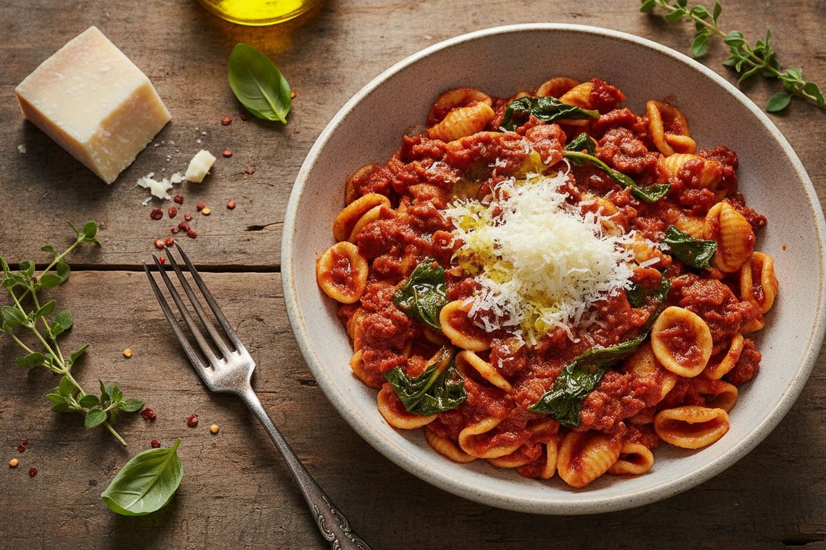 Puglialainen orecchiette-pasta kohtaa tulisen nduja-makkaran, täyteläisen tomaattikastikkeen ja rapinin tässä rohkeassa ja eksoottisessa italialaisessa arki-illallisessa.