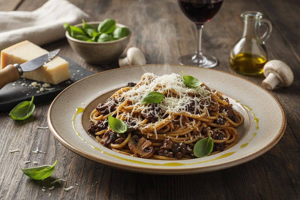 Syvänmakuinen sieni-spagetti bolognese italialaiseen tapaan – kasvisklassikko, jossa sienten umami-rikkaus kohtaa kypsät tomaatit.