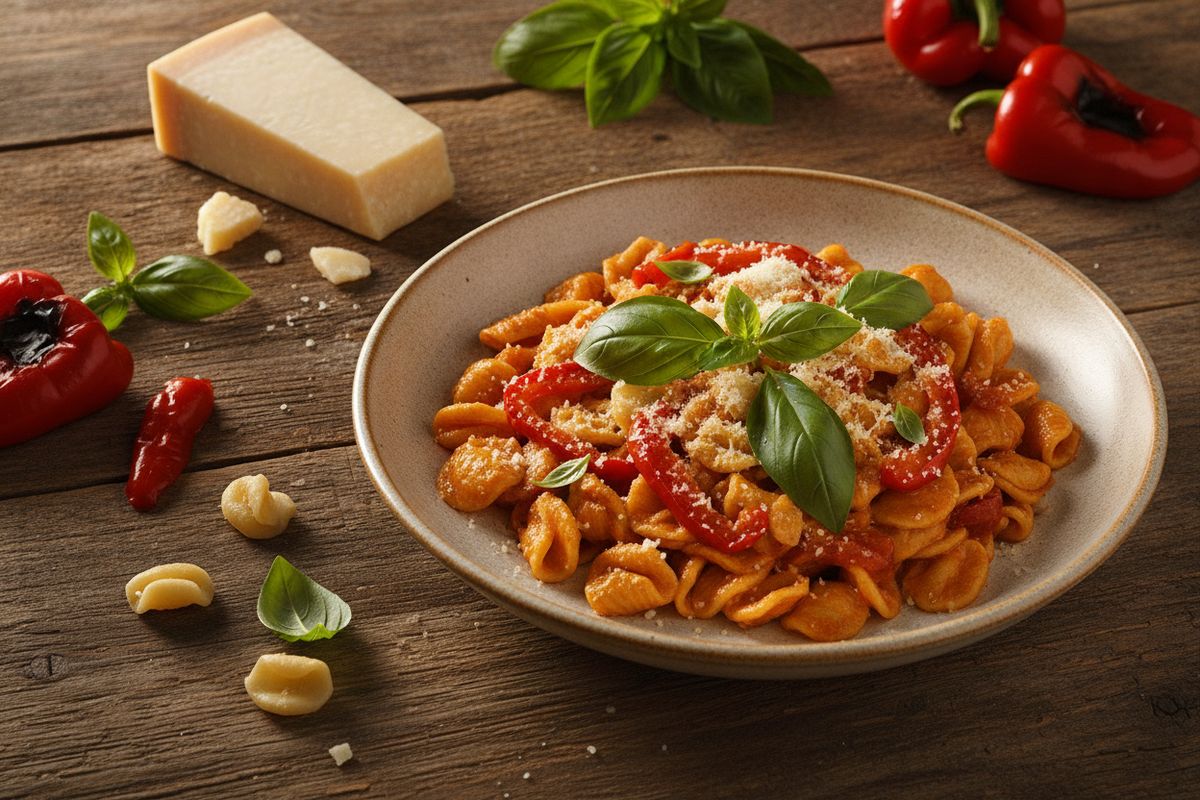 Orecchiette – italialainen 'pikkukorva'-pasta – upeassa kermaisen paahdетun punapaprikan kastikkeessa, täynnä aurinkoisia välimeren makuja.