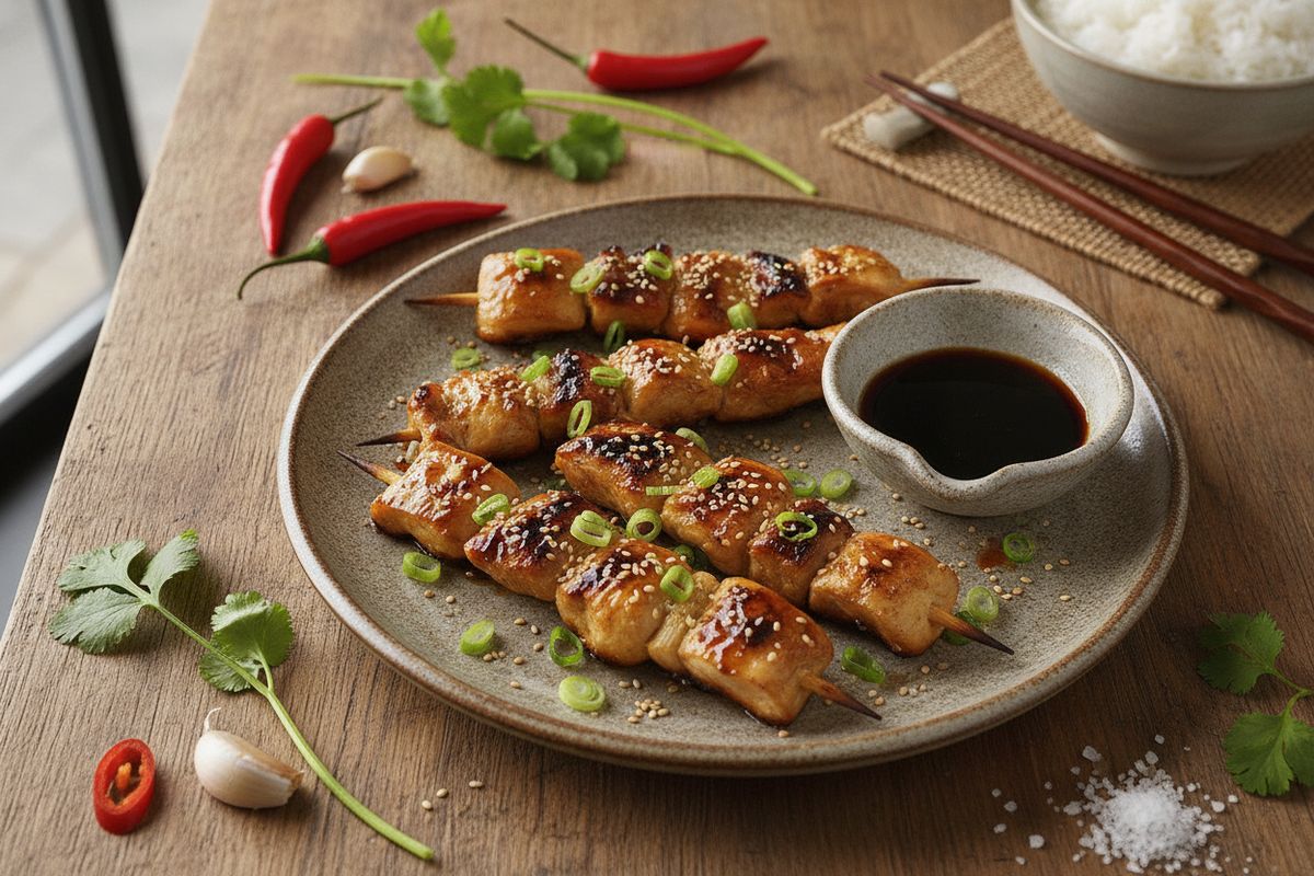 Savuisat japanilaiset yakitori-kanavartas tare-glasyyriilla – eksoottinen grilliherkku suoraan Tokion katukeittiöstä.