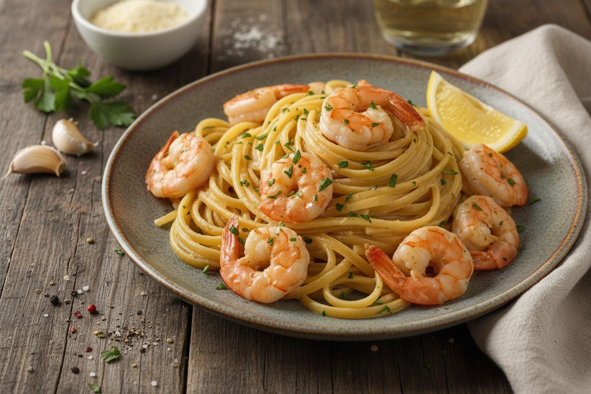 Kermainen valkosipuli-katkarapupasta vie makumatkan Italian rannikolle – nopea ja herkullinen arki-illallinen tai juhlava vieras-ateria.