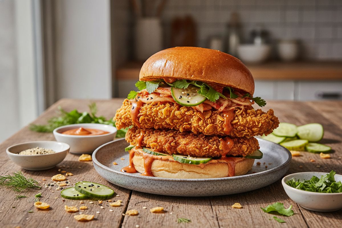 Korealainen kanahampurilainen rapean panko-kanan, tulisen gochujang-majoneesia ja pikkelöityjen kurkkujen kera – seikkailu Korean katukeittiöön suoraan kotona.
