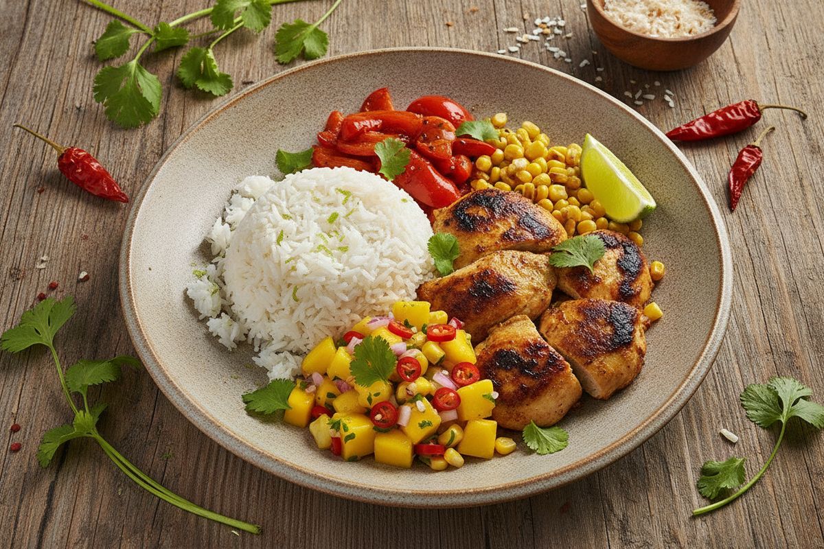 Värikäs ja tulinen Karibian riisikulho kookosriisin, jerk-kanan ja trooppisen mango-salsan kera – eksoottinen makuseikkailu kotikeittiöön.