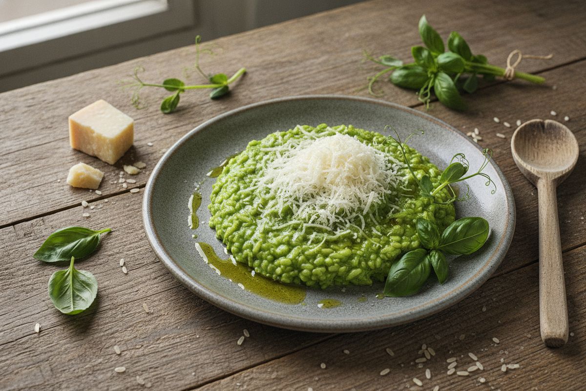 Risotto Verde on täyteläinen italialainen risotto, johon käännetään raikas vihersose – keväinen klassikko mantecare-tekniikalla viimeisteltynä.