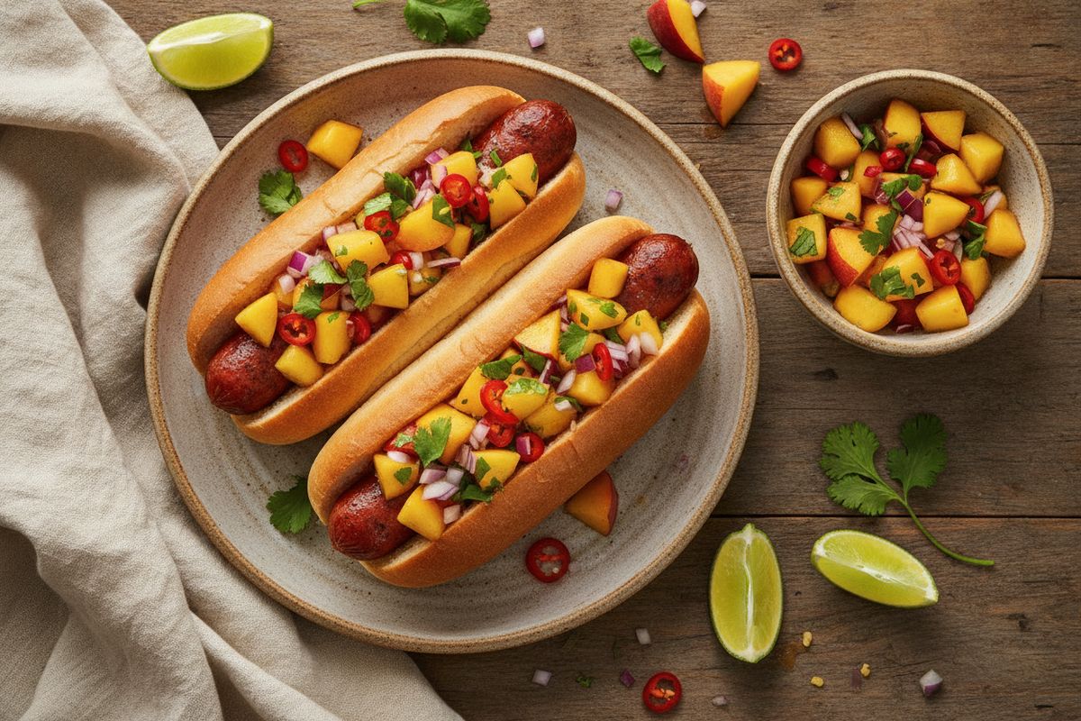 Savuinen chorizo-hodari kohtaa raikaan persikkasalsan – helppo ja eksoottinen grilliherkku koko porukalle.