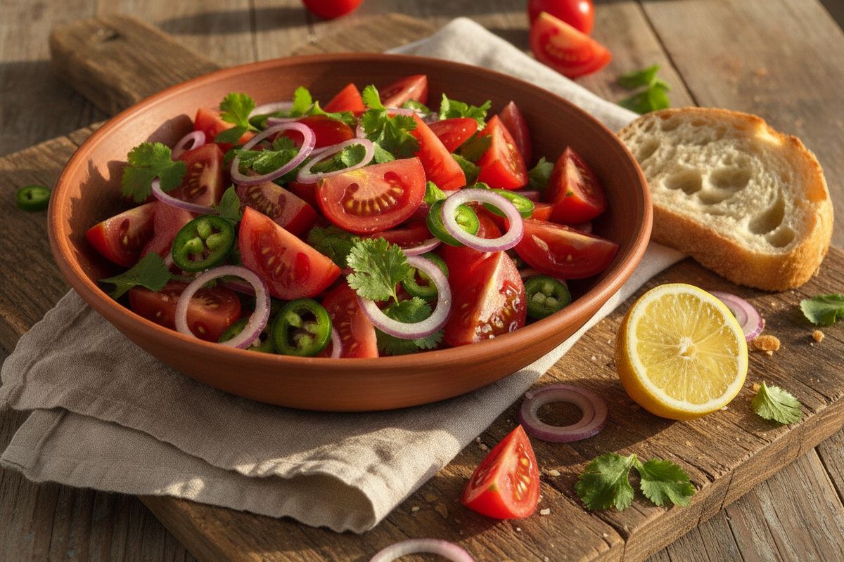 Kachumbari on tulinen itäafrikkalainen tomaattisalaatti, jossa jalapeno, punasipuli ja korianteri luovat räväkän makuyhdistelmän.