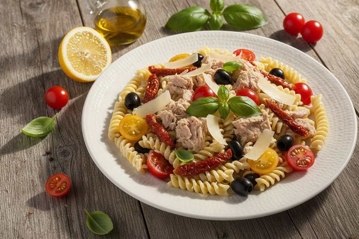 Aurinkoinen välimerellinen tonnikala-pastasalaatti jogurttikastikkeella – täyttävä ja eksoottinen arkilounas valmiina alle 20 minuutissa.