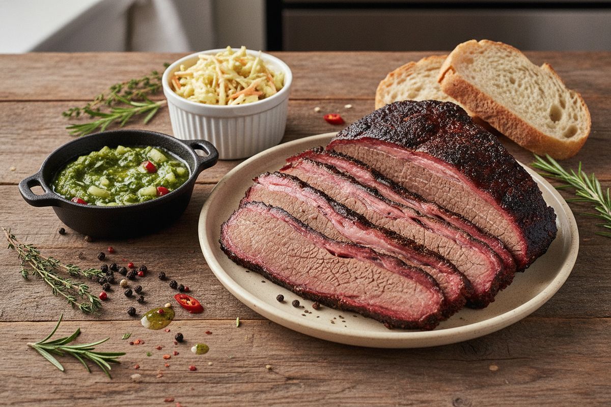 Texasin legendaarinen brisket – pitkään haudutettu ja grillissä viimeistelty savuinen naudan rinta mausteisella rub-seoksella.