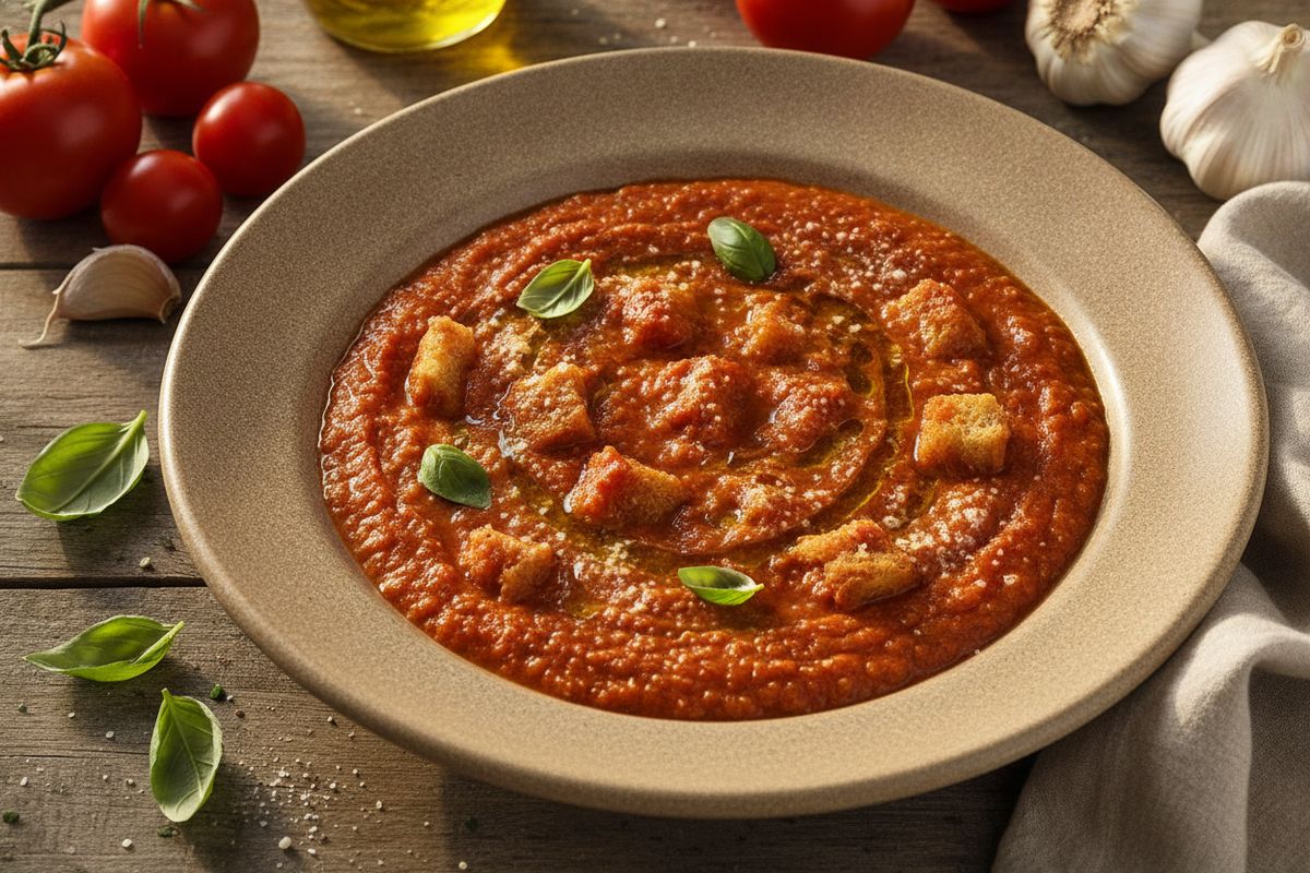 Pappa al pomodoro on Toscanan perinteinen paksu tomaatti-leipäkeitto, jossa vanhentunut leipä muuttuu täyteläiseksi ja aromaattiseksi italialaisherkuksi.