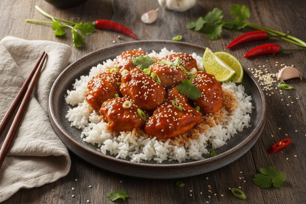 Tulinen sriracha-kana jasmiiniriisillä on nopea ja maukas aasialaisinspiroitu arkiruoka, joka vie makumaailman suoraan Kaakkois-Aasiaan.